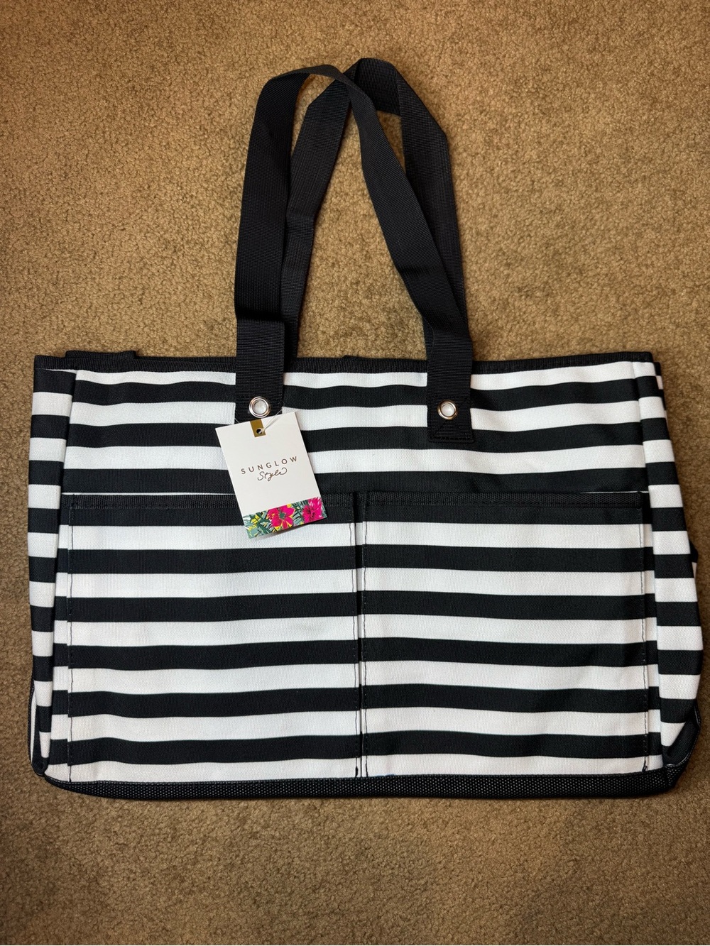 Black & White Stripes Tote Bag 4 pockets zipper gym beach shopping work travel
